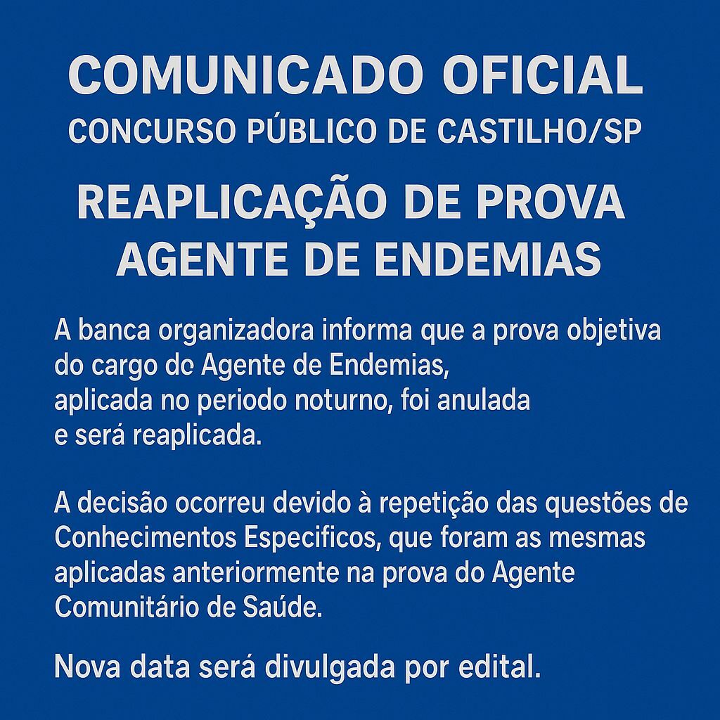 COMUNICADO OFICIAL – CONCURSO PÚBLICO DE CASTILHO/SP